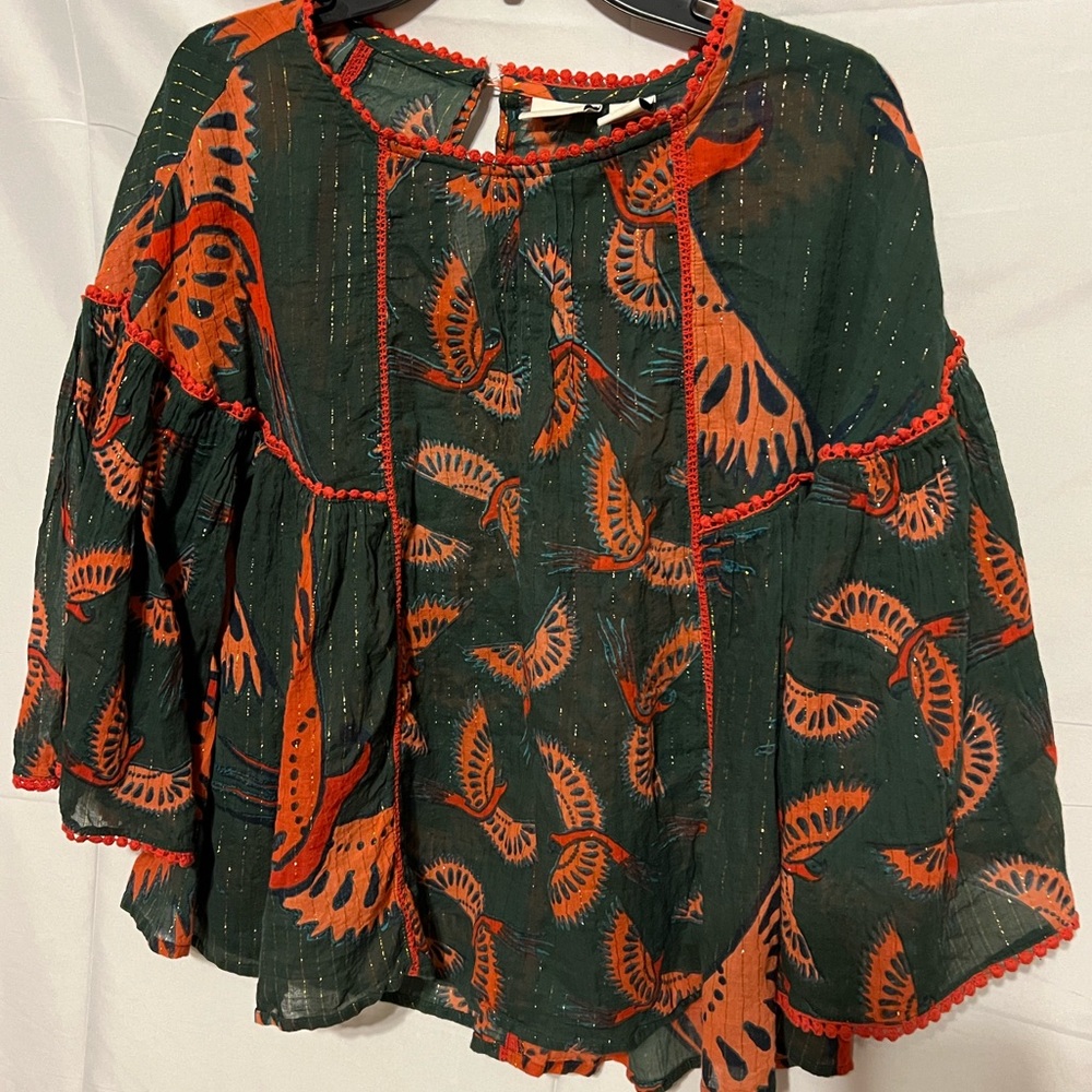 SOLD**** Rachel Zoe L  Phoenix bird novelty print top Bell balloon sleeves - Picture 2 of 16